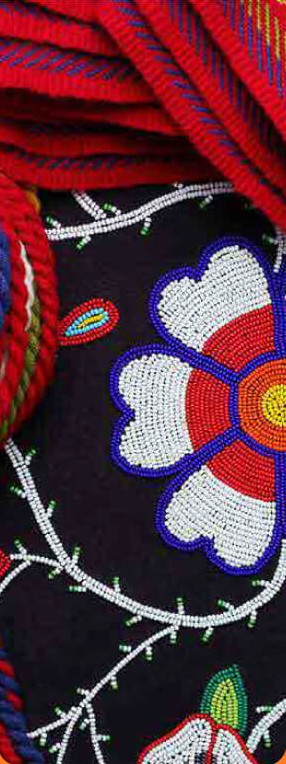 Detail of beadwork in red, white and blue floral patterns