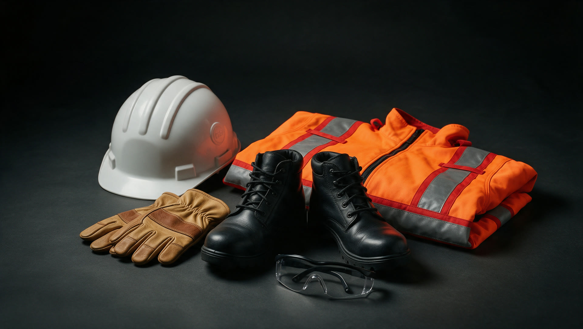 A full PPE kit — hard hat, hi-vis jacket, gloves and boots — the physical result of the order