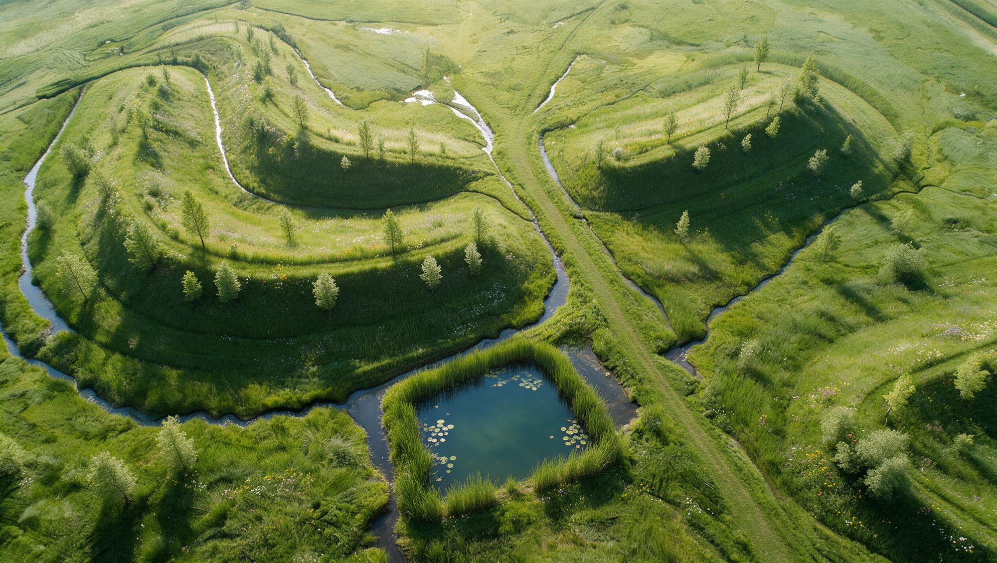 Aerial view of a wetland: a clear pond ringed with reeds, winding streams and grassy terraces with young trees