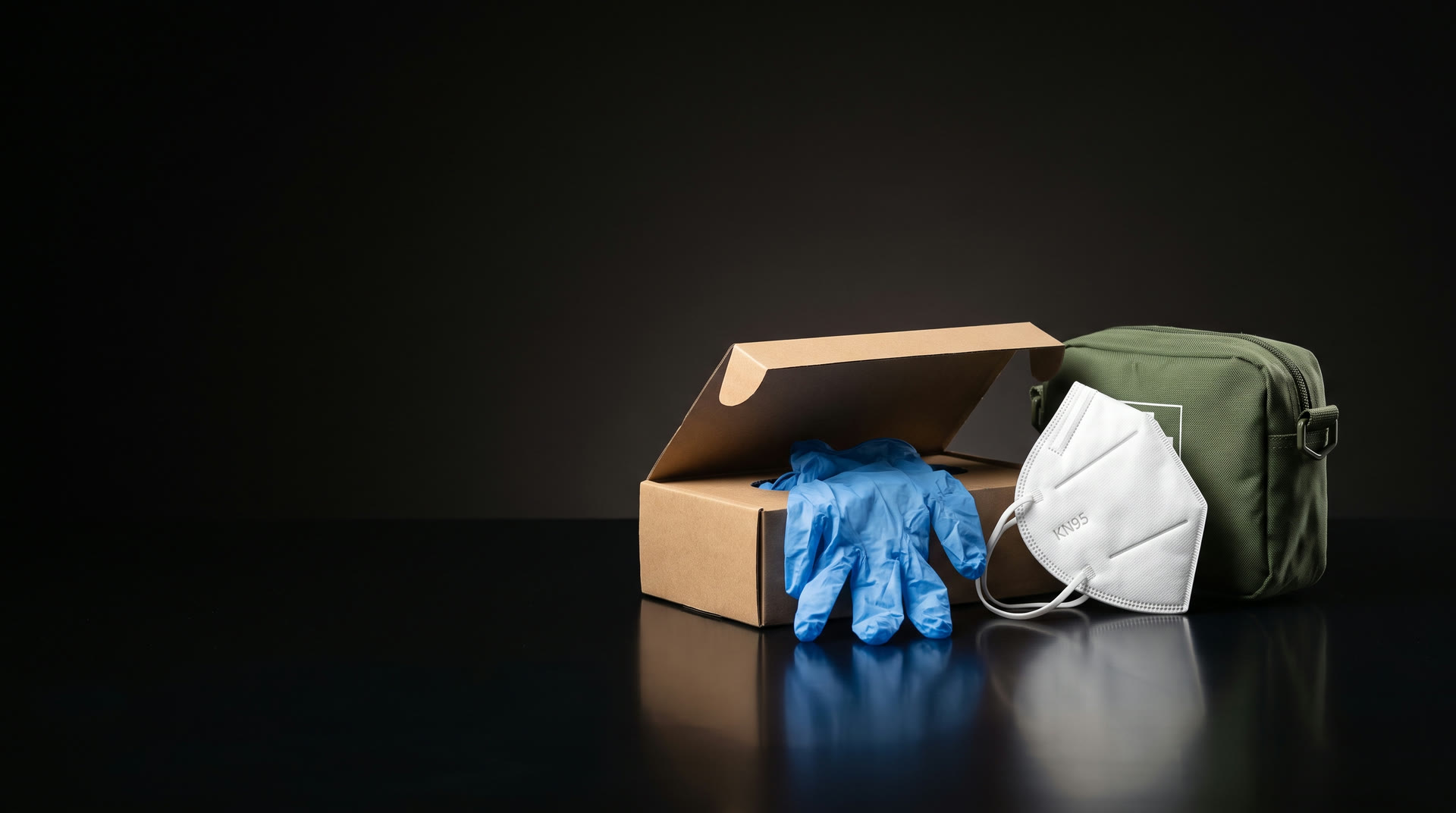 Nitrile gloves, respirator mask and first-aid supplies