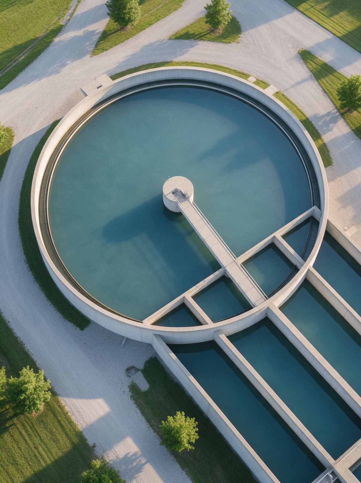 Aerial view of a circular water treatment clarifier beside settling basins