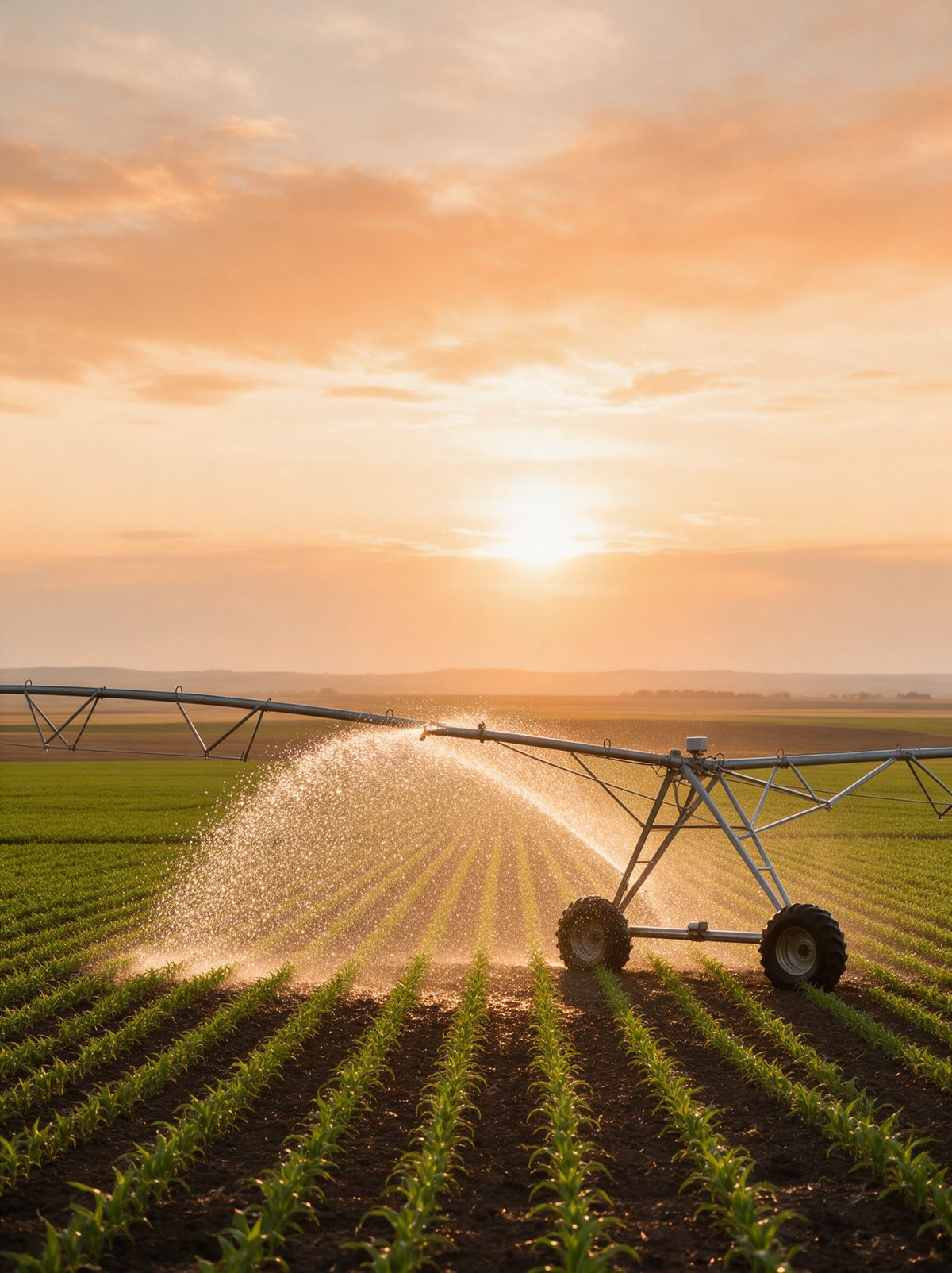A centre-pivot sprinkler arcing water over crop rows at golden hour