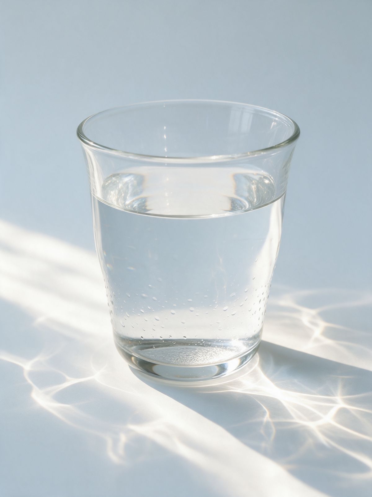 A clear glass of drinking water casting bright caustic light
